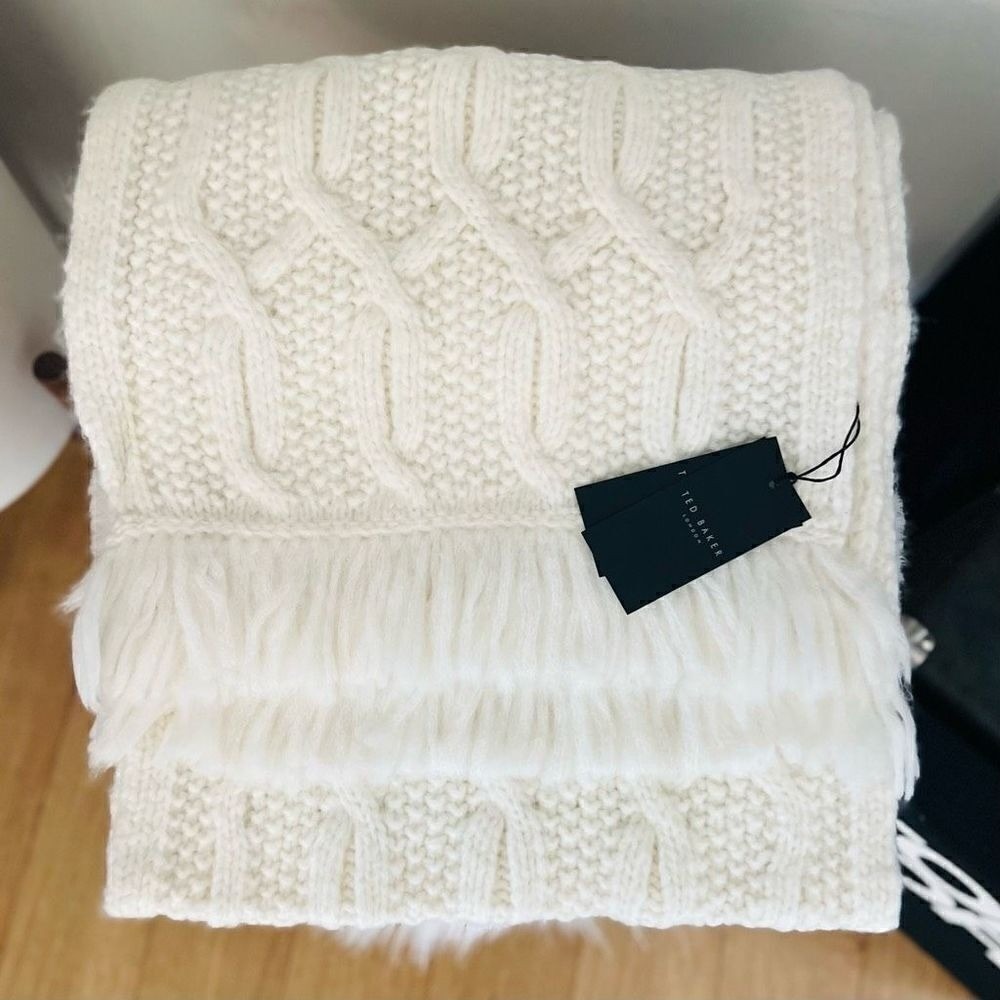 TED BAKER LONDON Homerton Cable Knit Wool Blend Scarf Wrap, Ivory/White, NWT